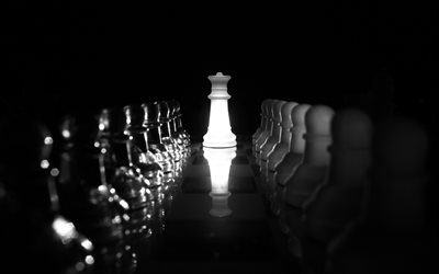 Queen and pawns, chess, monochrome concept, chess concepts, glass chess
