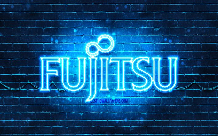 Fujitsu blue logo, 4k, blue brickwall, Fujitsu logo, brands, Fujitsu neon logo, Fujitsu