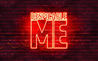 Despicable Me logo rouge, 4k, mur de briques rouge, Despicable Me logo, minions, Despicable Me n&#233;on logo, Despicable Me