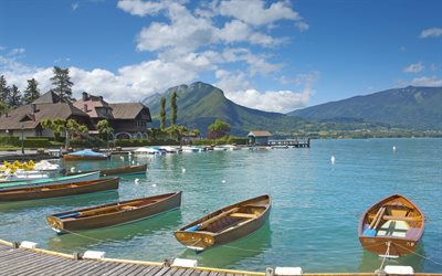 Lake Annecy, France, city lake, boats, pier, summer, Upper Savoy