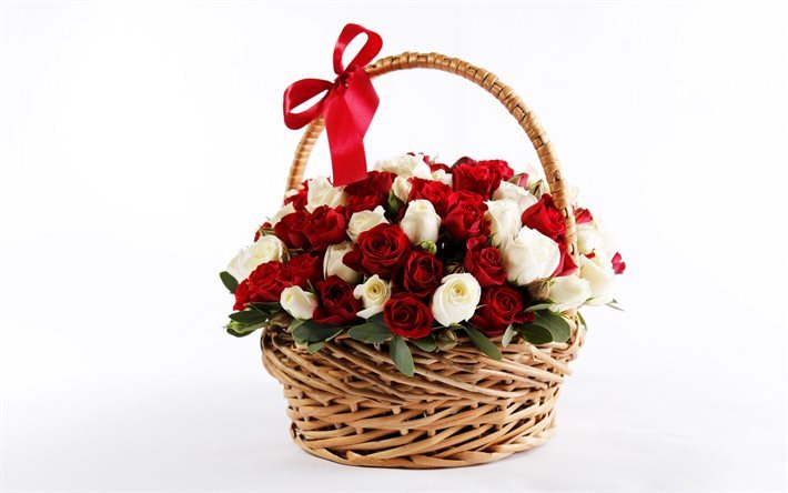 basket of flowers, basket of roses, red roses, white flowers