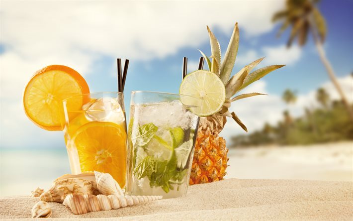 cocktaileja, trooppisia saaria, banaanit, ranta, hiekka, appelsiinit