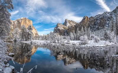 Merced River, winter, Yosemite Valley, mountain landscape, snow, Sierra Nevada, California, Yosemite National Park, USA