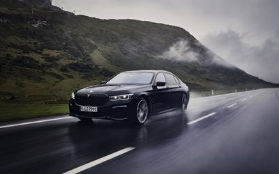 BMW 7, 2020, G12, 745Le xDrive, front view, black sedan, new black BMW 7, wet driving, riding in the rain concepts, BMW