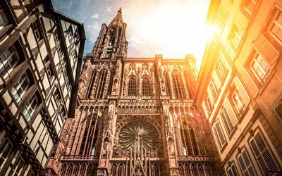 Strasbourg Cathedral, Strasbourg, Katolsk katedral, kv&#228;ll, solnedg&#229;ng, landm&#228;rke, Frankrike, Katedral Our Lady of Strasbourg