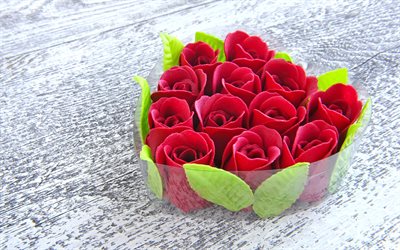 cora&#231;&#227;o de rosas, 4k, arte floral, criativo, conceitos de amor, rosas vermelhas, lindas flores