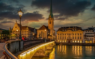 Zurique, igreja Fraumunster, ponte, noite, p&#244;r do sol, paisagem urbana de Zurique, Su&#237;&#231;a