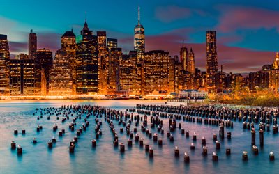 Nova York, 4K, cais destru&#237;do, cidades americanas, Manhattan, paisagens noturnas, arranha-c&#233;us, paisagem urbana do horizonte, panorama de Nova York, EUA, Am&#233;rica