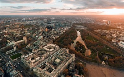 Londres, cidade de Westminster, St Jamess Park, noite, p&#244;r do sol, paisagem urbana de Londres, panorama de Londres, Inglaterra, Reino Unido