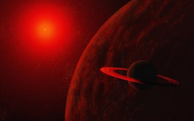 planeta vermelho, saturno, 4k, arte 3D, aster&#243;ides, gal&#225;xia, nebulosa, planetas, estrela vermelha