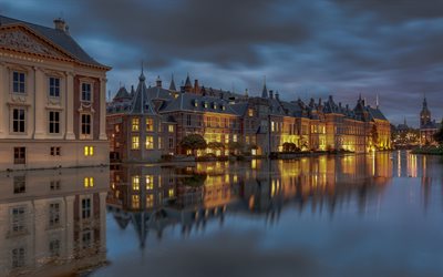 Hofvijver, 4k, lake, evening, Hague, dutch cities, Netherlands, Europe, cityscapes