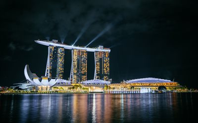 4k, Marina Bay Sands, luxury hotels, Singapore at night, skyscrapers, Singapore, nightscapes, modern buildings, Asia, Singapore 4K