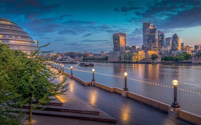 City of London, River Thames, 4k, nightscapes, english cities, London, England, UK, United Kingdom