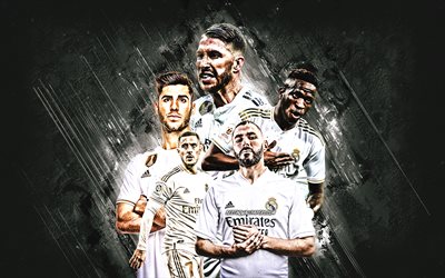 Real Madrid, Spanish football club, gray stone background, La Liga, Spain, football, Real Madrid CF, Sergio Ramos, Eden Hazard, Marco Asensio