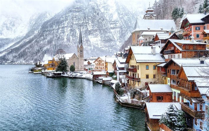 Hallstatt, monta&#241;a, lago, bosque, invierno, Alpes, Austria