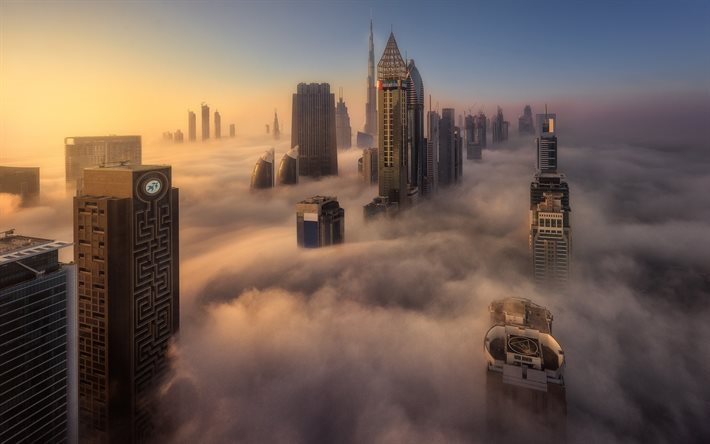 Dubai, skyscrapers, fog, sunrise, UAE