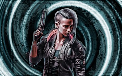4k, Female V, turquoise grunge background, Cyberpunk 2077, RPG, vortex, Cyberpunk 2077 characters, Female V Cyberpunk, Valerie Cyberpunk 2077