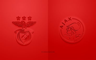 SL Benfica vs AFC Ajax, 2022, UEFA Champions League, Eighth-finals, 3D logos, red background, Champions League, football match, 2022 Champions League, SL Benfica, AFC Ajax