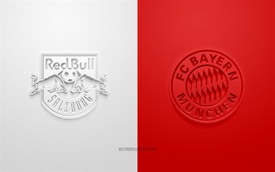 Red Bull Salzburg vs FC Bayern Munich, 2022, UEFA Champions League, Eighth-finals, 3D logos, red white background, Champions League, football match, 2022 Champions League, FC Bayern Munich, Red Bull Salzburg