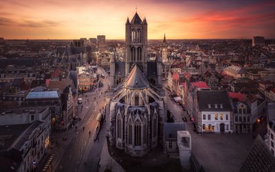 St Bavo&#39;s Cathedral, Ghent, Sint-Baafs Cathedral, evening, sunset, Ghent cityscape, Ghent panorama, Belgium