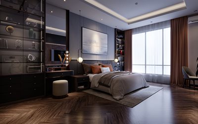 design elegante della camera da letto, legno marrone in camera da letto, idea della camera da letto, design d&#39;interni moderno, camera da letto