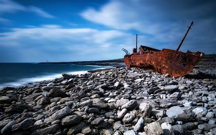 sunken ship, coast, sea, stones