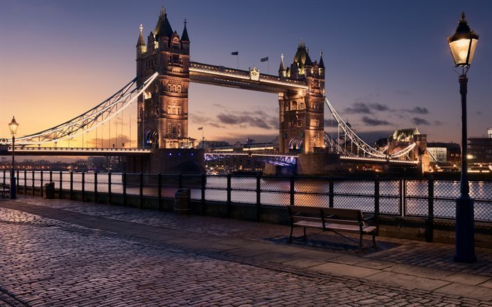 Tower Bridge, Evening, sunset, Thames, London, UK
