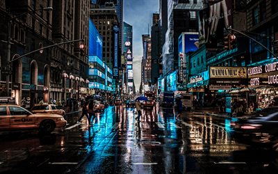 Cidade de Nova York, 4k, avenida, NYC, chuva, arranha-c&#233;us, paisagens noturnas, t&#225;xi amarelo, EUA, paisagens urbanas, Nova York, cidades americanas