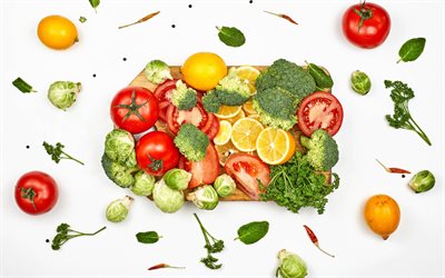 healthy food, vegetables, cabbage, tomatoes, lemons, diet concepts, different vegetables on white background