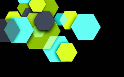 des hexagones color&#233;s, 4k, cr&#233;atif, la conception mat&#233;rielle, l art g&#233;om&#233;trique, l arri&#232;re-plan avec des hexagones, des formes g&#233;om&#233;triques, des hexagones
