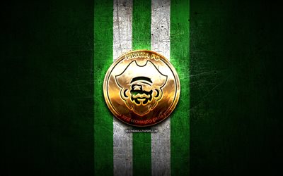Pirata FC, golden logo, Liga 1 Apertura, green metal background, football, peruvian football club, Pirata FC logo, soccer, FC Pirata