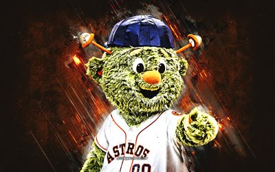 Orbit, Houston Astros mascot, MLB, portrait, orange stone background, Houston Astros, Major League Baseball, USA, baseball