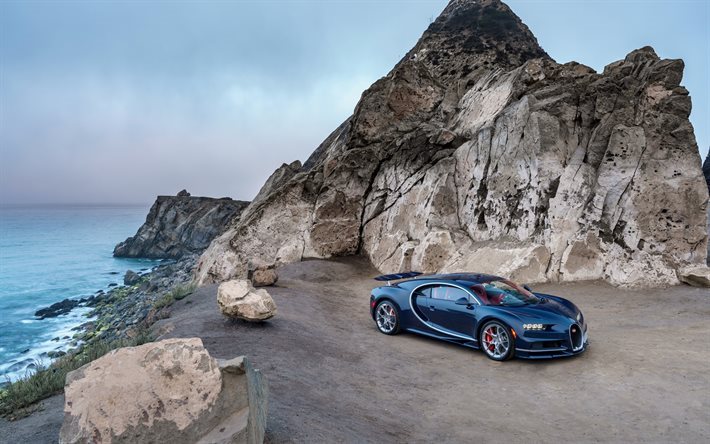 Bugatti Chiron, supercars, 2017, rock, blue chiron