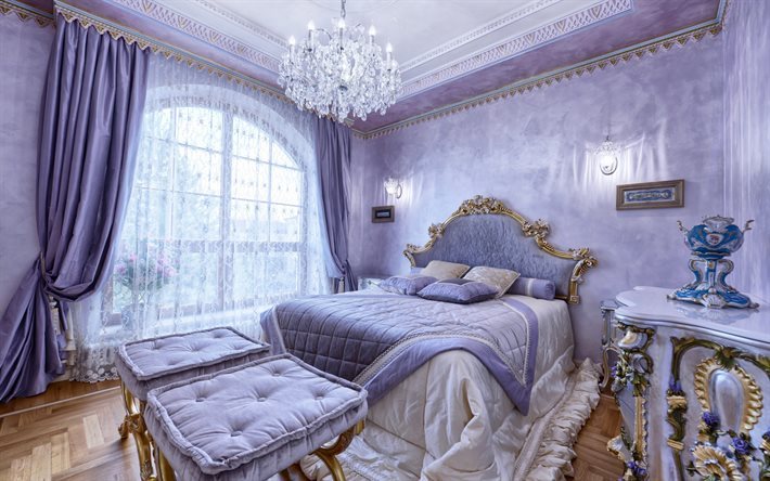 高級ベッドルームの内装, クラシックベッドルーム, 紫ベッドルーム, ベッドルームデザイン