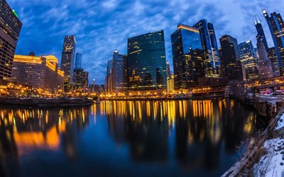 Wolf Point, Chicago, evening, sunset, Chicago River, Willis Tower, Chicago cityscape, Illinois, USA