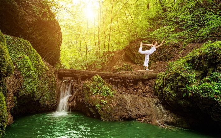 yoga, forest, waterfall, balance, beautiful nature, lake