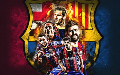 FC Barcelona, Spanish football club, Catalonia, La Liga, FC Barcelona logo, stone background, Lionel Messi, Antoine Griezmann, Gerard Pique
