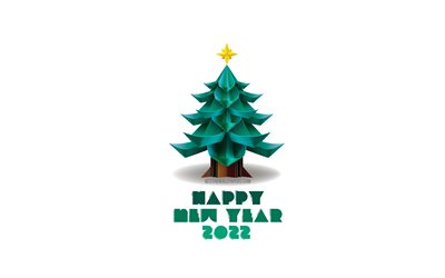 4k, frohes neues jahr 2022, wei&#223;er hintergrund, weihnachtsbaum 3d, neujahr 2022, gru&#223;karte 2022, weihnachtsbaum, hintergrund 2022 mit weihnachtsbaum