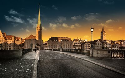 Zurich, St Peter, chapelle, pont, soir&#233;e, coucher de soleil, point de rep&#232;re de Zurich, paysage urbain de Zurich, Suisse