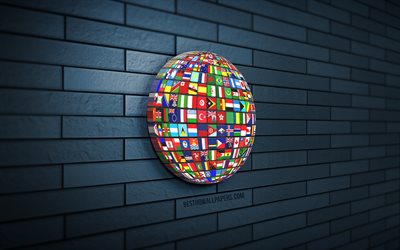 Globe de drapeaux 3D, 4K, mur de briques bleu, cr&#233;atif, marques, Globe avec drapeaux, art 3D, globes, Globe 3D