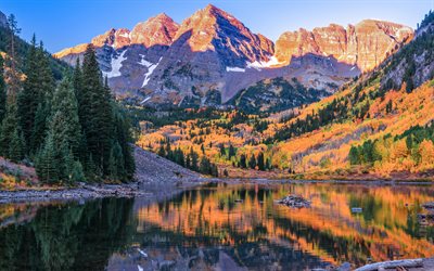 Maroon Bells, autumn, Elk Mountains, Maroon Peak, american landmarks, mountains, lake, USA, America