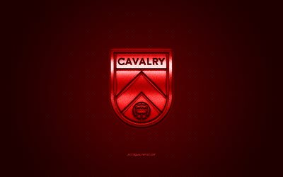 Cavalry FC, Canadian soccer club, red logo, red carbon fiber background, Canadian Premier League, soccer, Alberta, Canada, Cavalry FC logo