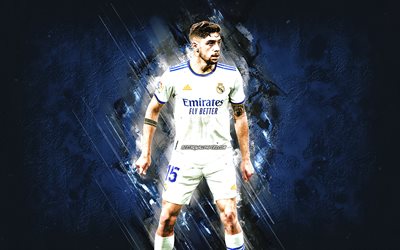 Federico Valverde, Real Madrid, calciatore Uruguaiano, centrocampista, pietra blu, sfondo, La Liga, calcio, Valverde Real Madrid
