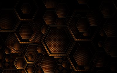 hexagones 3D jaunes, 4k, cr&#233;atif, texture 3D hexagones, motifs hexagones, textures hexagones, textures 3D, arri&#232;re-plans 3D, hexagones 3D