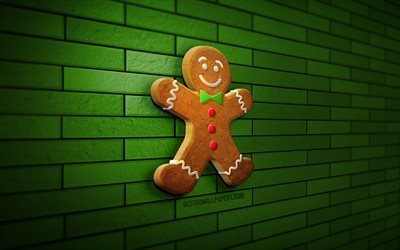 3Dジンジャーブレッドマン, 4k, 緑のレンガの壁, でてくるのは？, 3Dクリスマスビスケット, 新年あけましておめでとうございます, メリークリスマス, 3Dアート, ジンジャーブレッド・マン, クリスマスの飾り