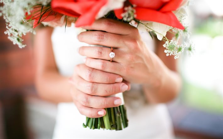 sposa, matrimonio, bouquet da sposa, le mani, gli anelli di nozze