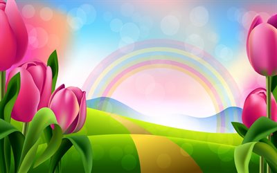 primavera, paesaggio, tulipani viola, arcobaleno, campo, fiori di primavera, arte