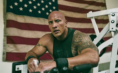 Dwayne Johnson, wrestler statunitense, ritratto, bandiera americana, servizio fotografico, l&#39;attore americano, bandiera USA, bodybuilding