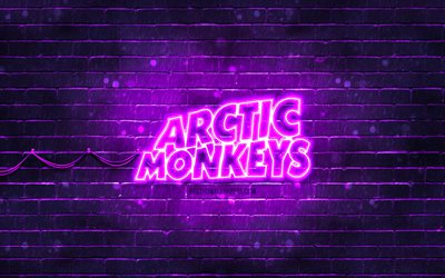 logo violet arctic monkeys, 4k, groupe de rock britannique, stars de la musique, mur de briques violettes, logo arctic monkeys, logo n&#233;on arctic monkeys, arctic monkeys