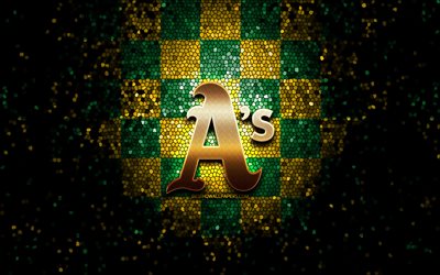 Oakland Athletics emblem, glitter logo, MLB, green yellow checkered background, american baseball team, Major League Baseball, mosaic art, baseball, Oakland Athletics
